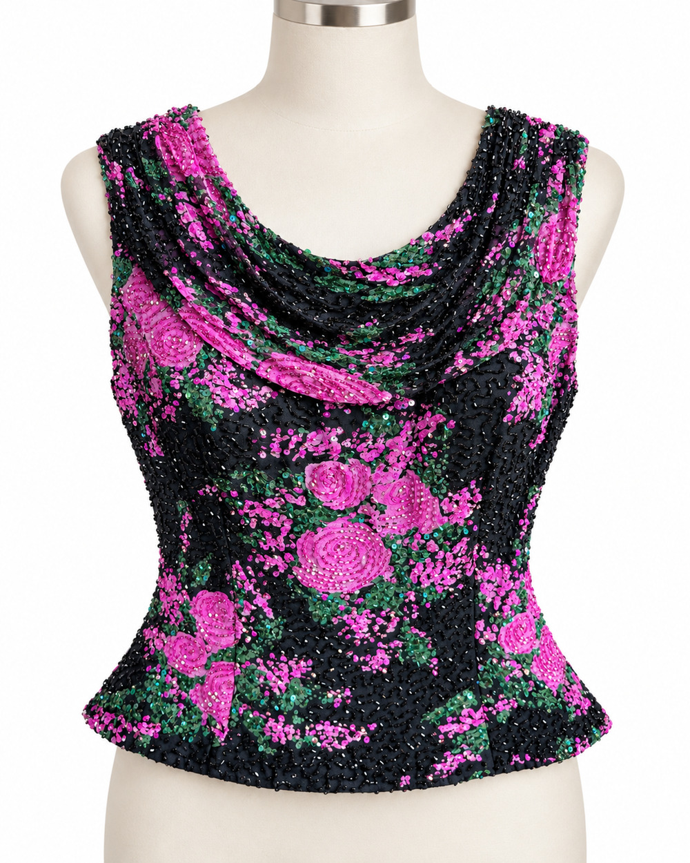 Andretta Donatello Women's L Black Pink Floral Bead Sleeveless Top Cowl Neck